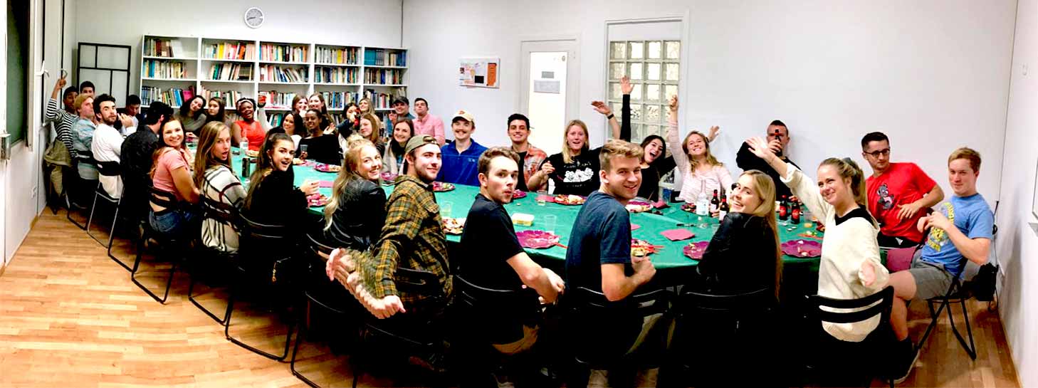 That was one big turkey Students seated a table